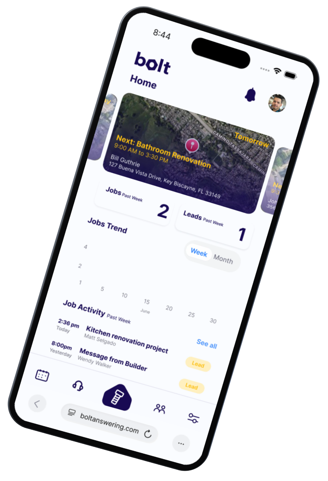 Bolt app on a phone showing jobs, leads and today's schedule