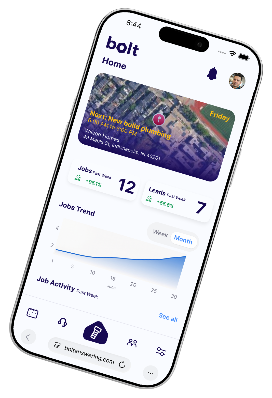 Bolt app on a phone showing jobs, leads and today's schedule