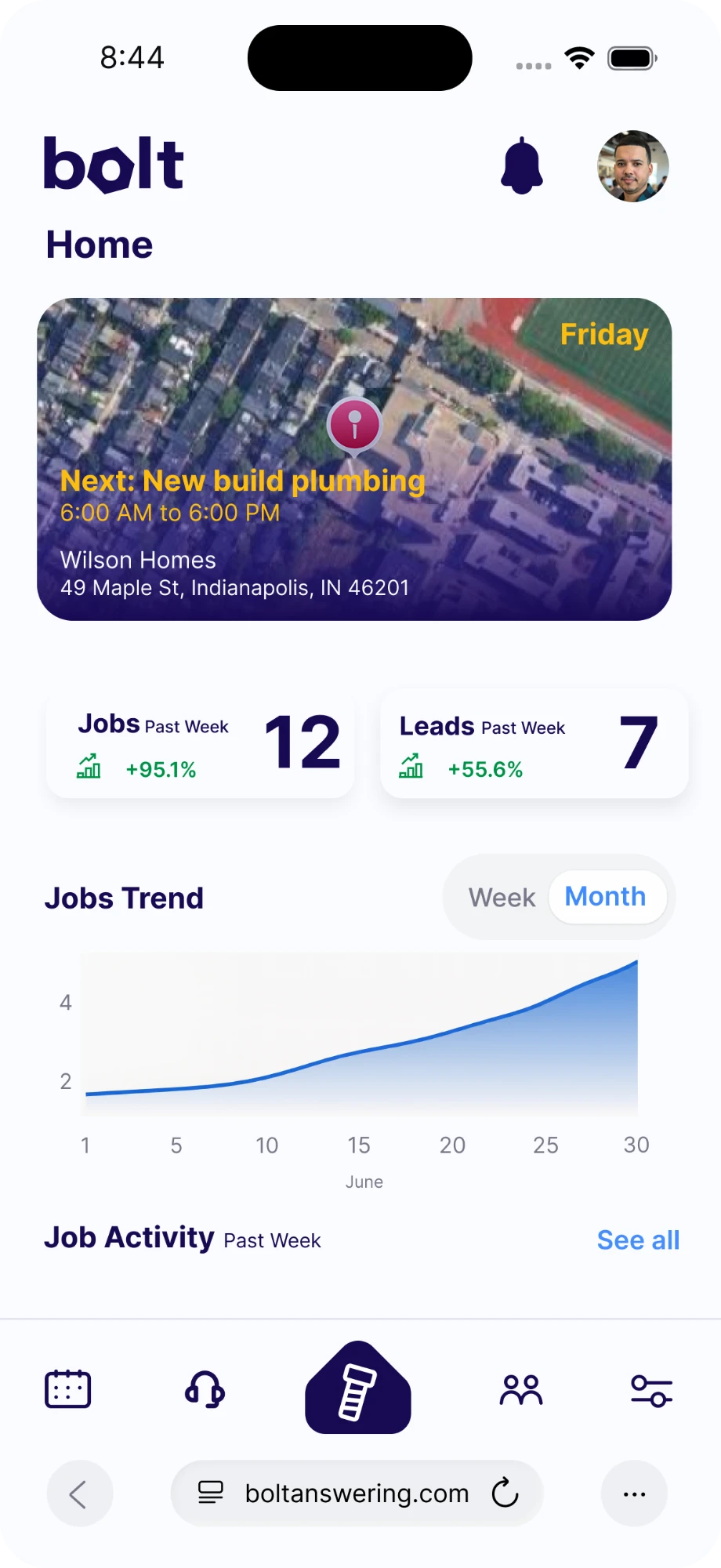 Bolt app Home dashboard showing the day's schedule, jobs and leads