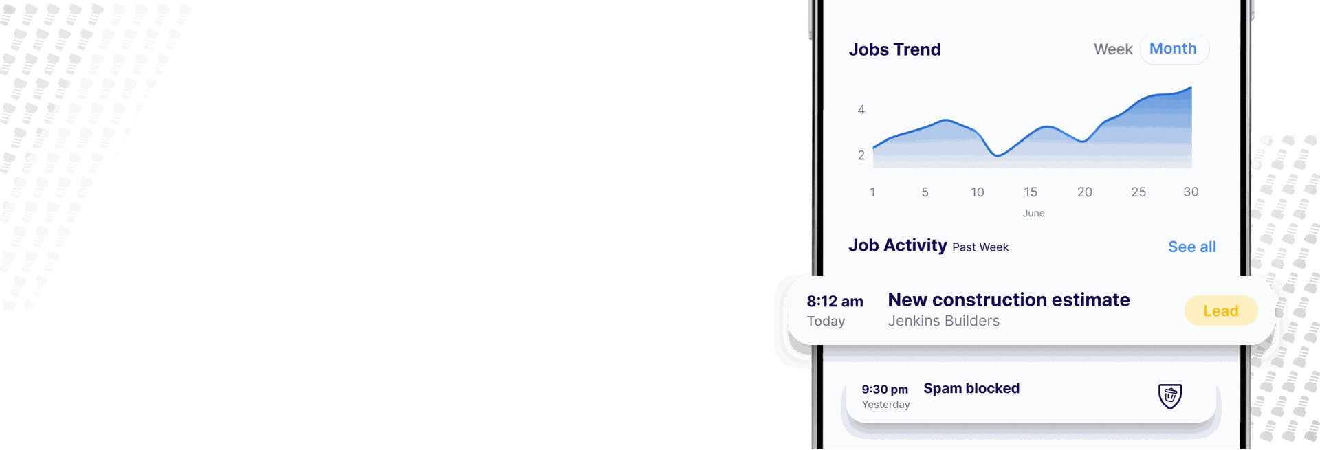 Bolt app dashboard: Jobs Trend chart and a new construction estimate lead from Jenkins Builders
