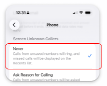 iPhone Phone settings with Screen Unknown Callers set to Never